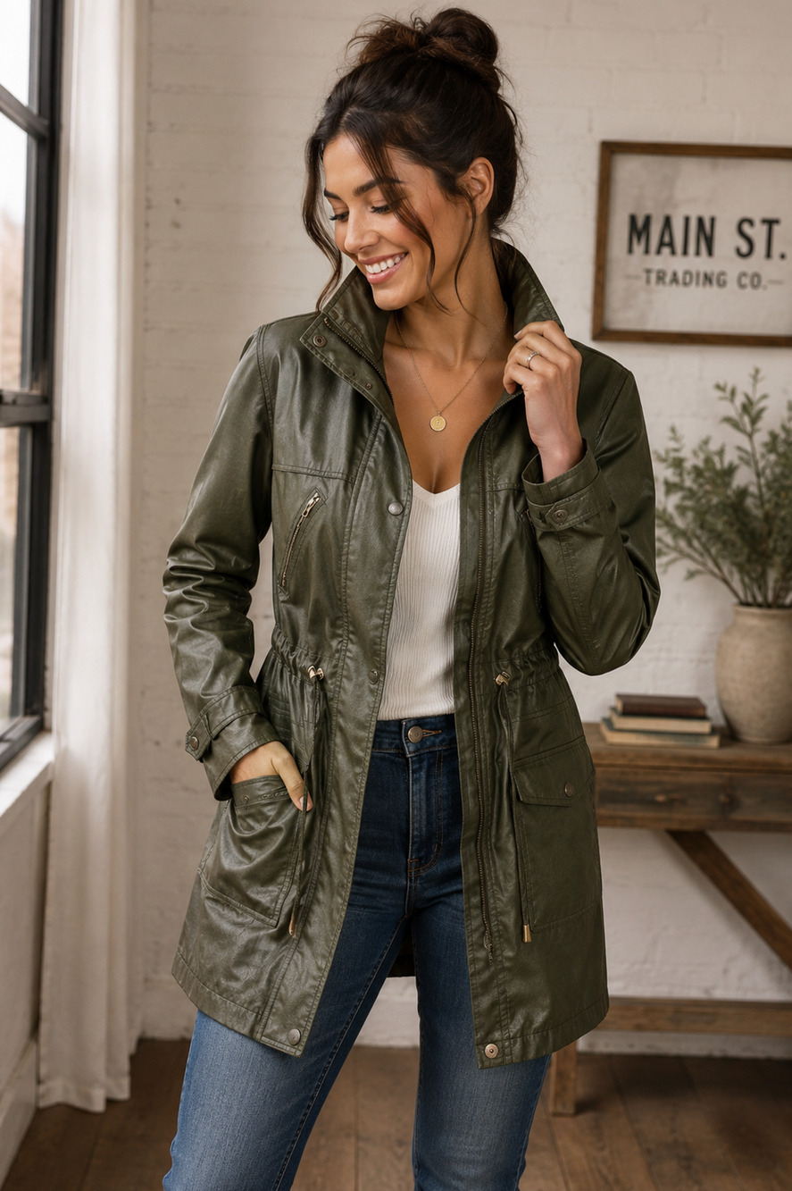 Miss London Olive Green Coated Cotton Utility Jacket Size M